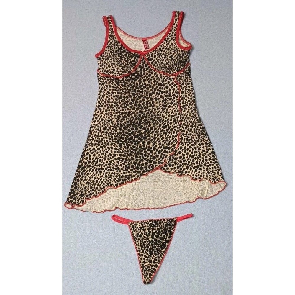 Gloria Vanderbilt Y2K Babydoll Chemise & Thong Lingerie Set Small Leopard Print